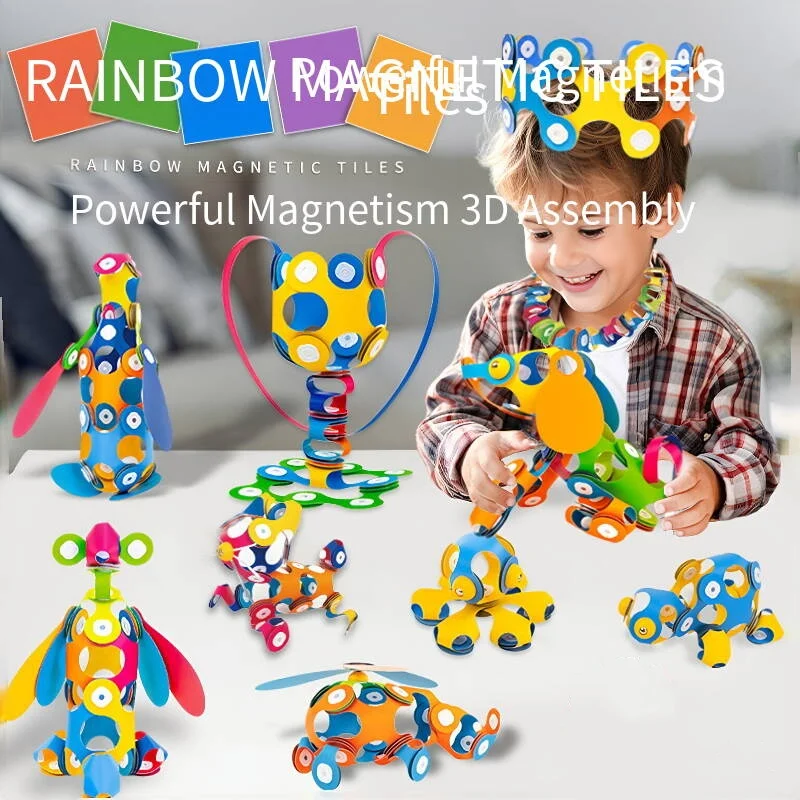Cosplay Prop Building - 48-teiliges Regenbogen-Magnetplatten-Set, 3D-Stereoskopische Montage-Magnetblöcke für Handarbeit,
